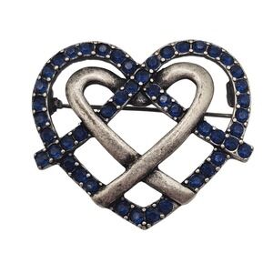 VTG Brooch Blue Rhinestone Silver Tone Layered Heart Love Romantic Gift Mom Pin